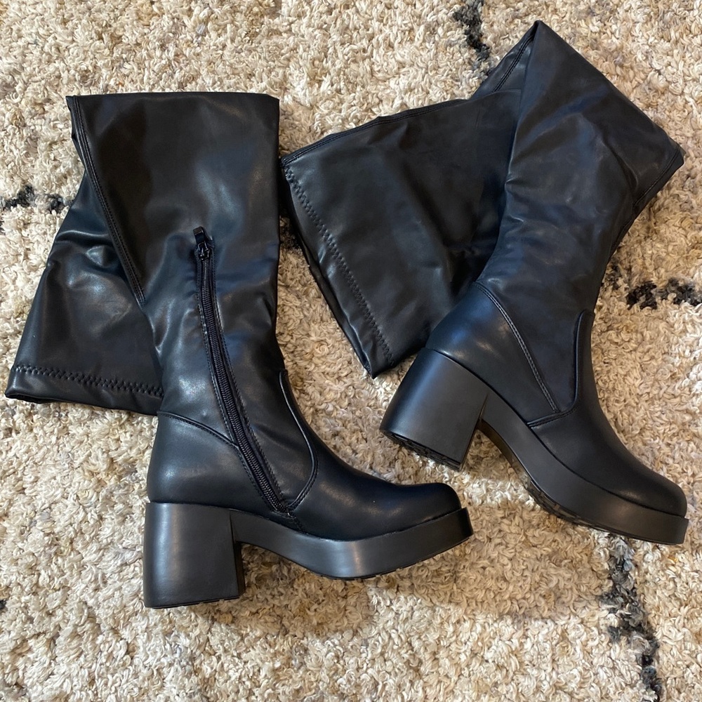 Thigh High Vegan Leather Chunky High Heel Boots OTK - Picture 4 of 13